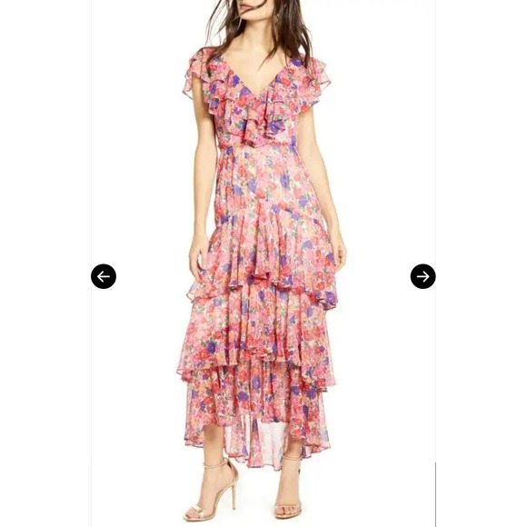 Wayf Dresses & Skirts - WAYF Chelsea Floral Tiered Ruffle Maxi Dress Pink Purple V-Neck High-Low Size S